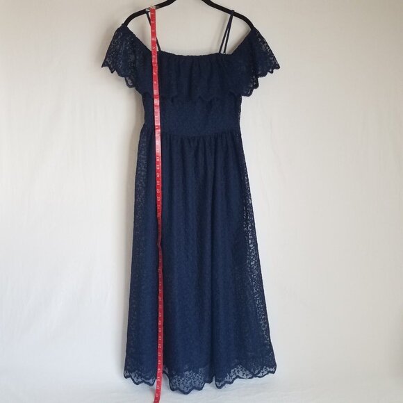 H&M Lace Off Shoulder Midi Dress Navy Blue SIZE 4 Spaghetti Strap Elastic - Picture 5 of 16
